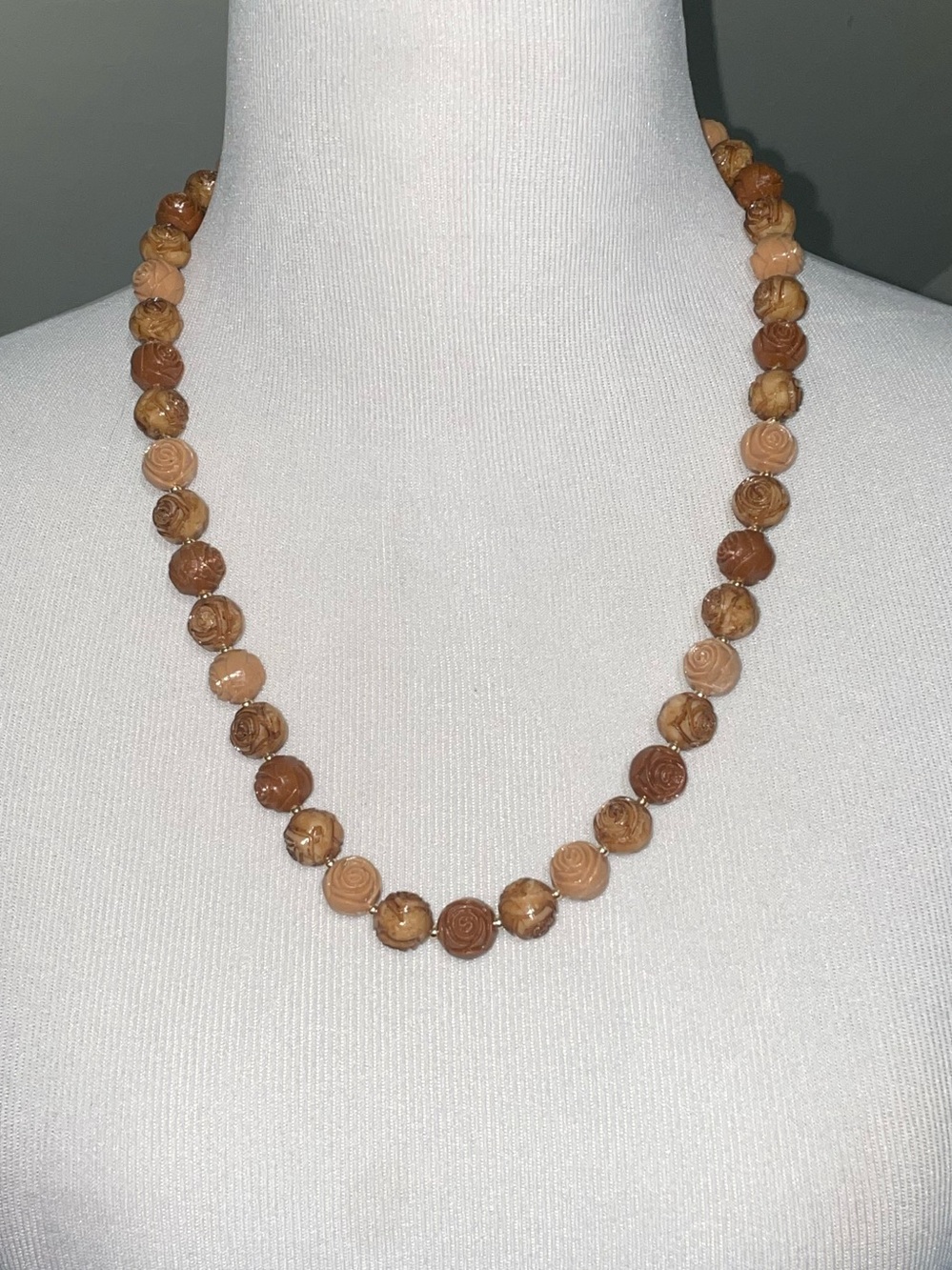 Vintage - Hand-Carved - wood- Brown Rose Bead Necklace - Women Jewelry